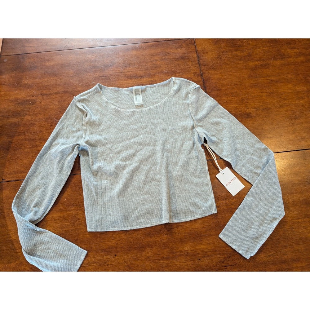 One Step Up Grey Ribbed Crop Top Exposed Stitch Long Sleeve Junior Large NEW